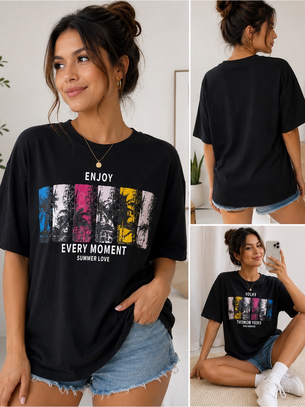 SHEIN Black Short Sleeve Graphic Tee with Blue Pink Yellow Print